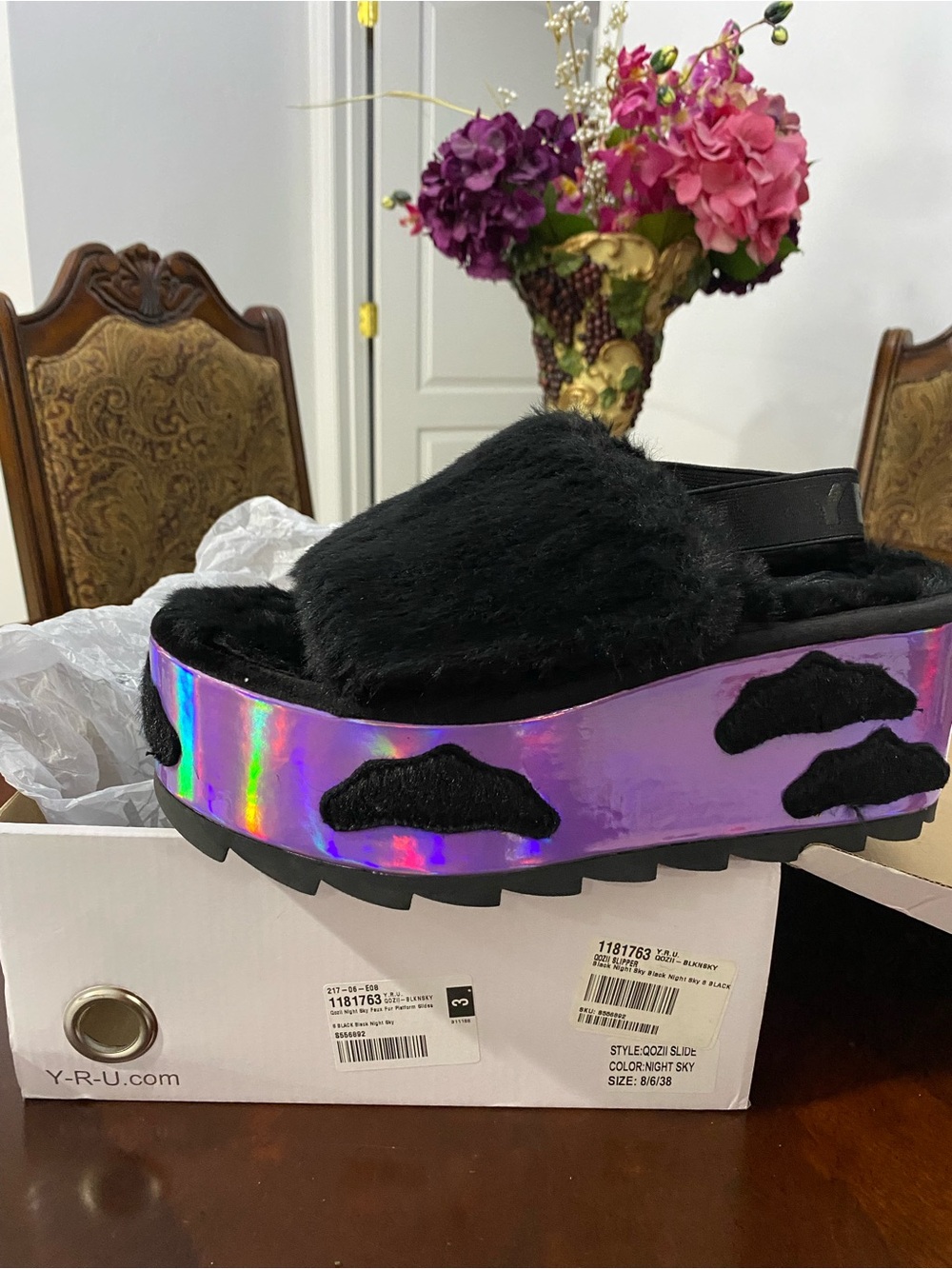 YRU Black Fuzzy Slip-On Mule with Iridescent Purple Platform